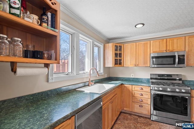 kitchen with a sink, appliances with stainless steel finishes, open shelves, glass insert cabinets, and crown molding