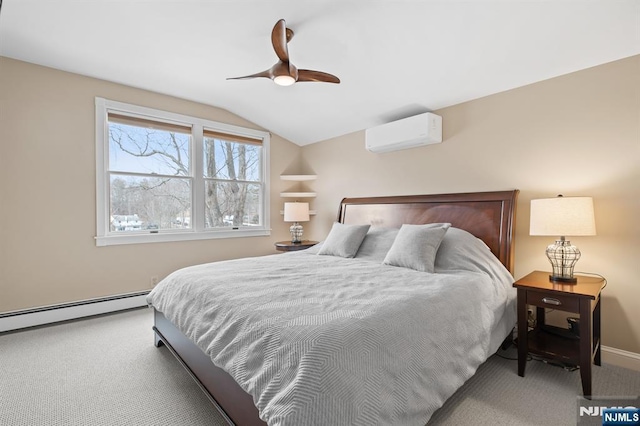 bedroom with a ceiling fan, a baseboard radiator, a wall mounted air conditioner, vaulted ceiling, and carpet flooring