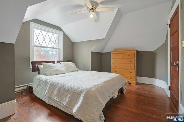 bedroom with baseboards, a ceiling fan, a baseboard radiator, wood finished floors, and vaulted ceiling