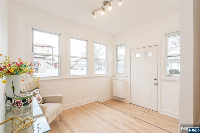 entrance foyer with light wood finished floors, plenty of natural light, baseboards, and rail lighting