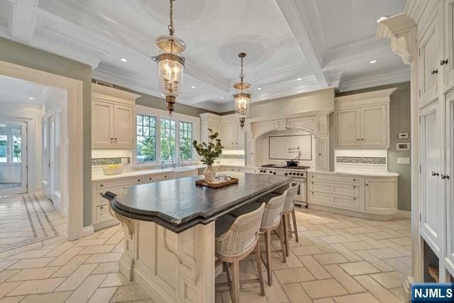 kitchen featuring recessed lighting, tasteful backsplash, a breakfast bar, and high end stainless steel range