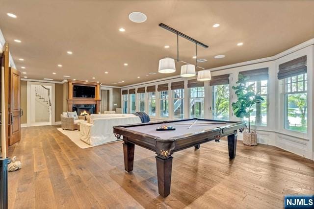 playroom with a warm lit fireplace, hardwood / wood-style floors, and a healthy amount of sunlight