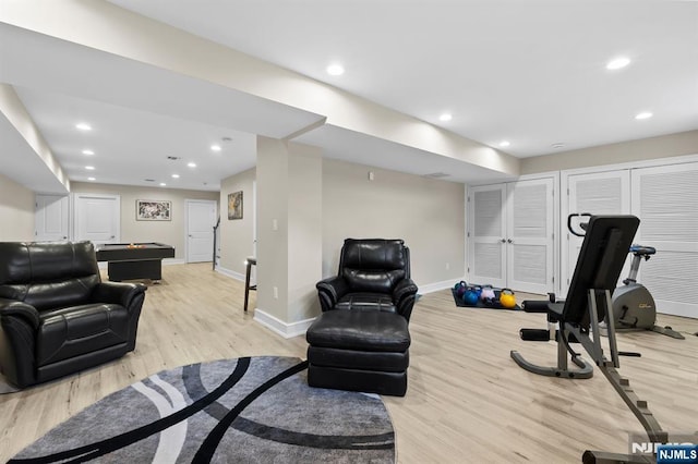 workout area featuring light wood-type flooring, pool table, baseboards, and recessed lighting