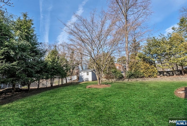 view of yard featuring a storage shed, an outdoor structure, and fence