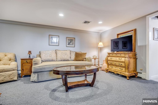 carpeted living room with recessed lighting, visible vents, baseboard heating, a baseboard heating unit, and baseboards