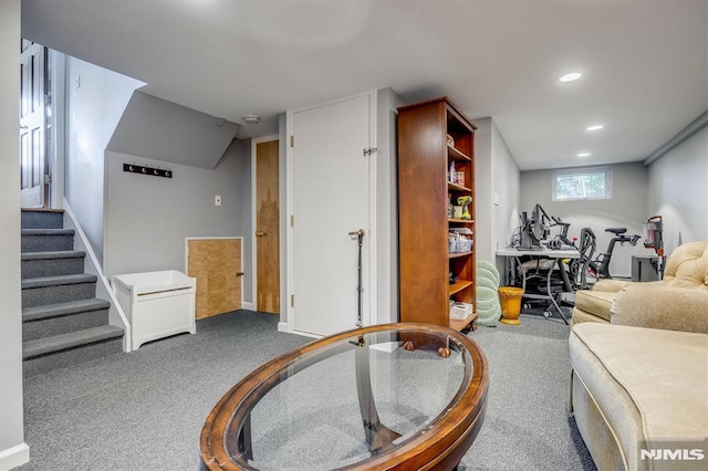 living room with stairs, carpet flooring, and recessed lighting