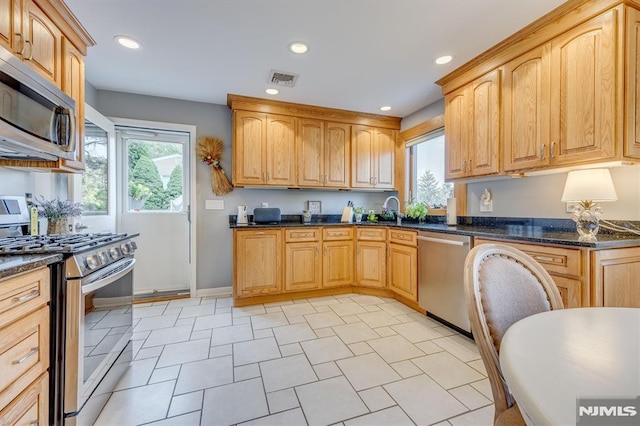 kitchen with appliances with stainless steel finishes, recessed lighting, visible vents, and a sink