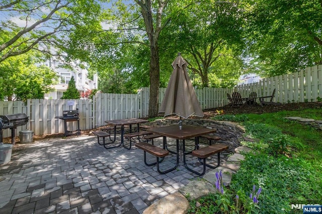 view of patio with outdoor dining space, grilling area, and a fenced backyard