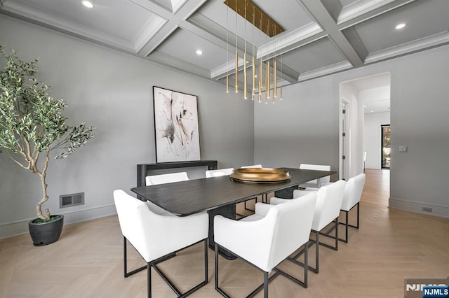 dining area featuring beam ceiling, recessed lighting, visible vents, coffered ceiling, and baseboards