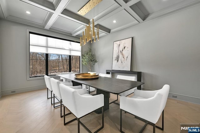 dining room featuring recessed lighting, coffered ceiling, beam ceiling, and baseboards