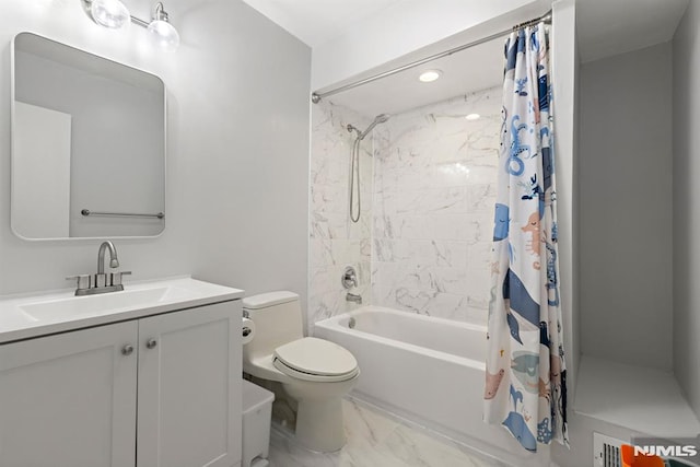 bathroom with toilet, marble finish floor, vanity, and shower / bath combination with curtain