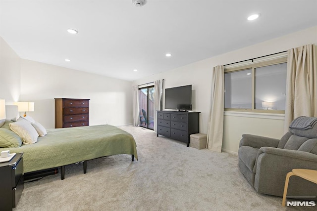 carpeted bedroom featuring recessed lighting and lofted ceiling