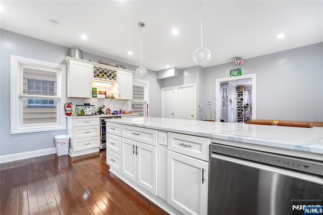 kitchen featuring wine cooler, pendant lighting, dishwasher, dark wood-style floors, and white cabinetry