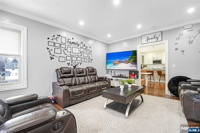 living area featuring recessed lighting, wood finished floors, and ornamental molding