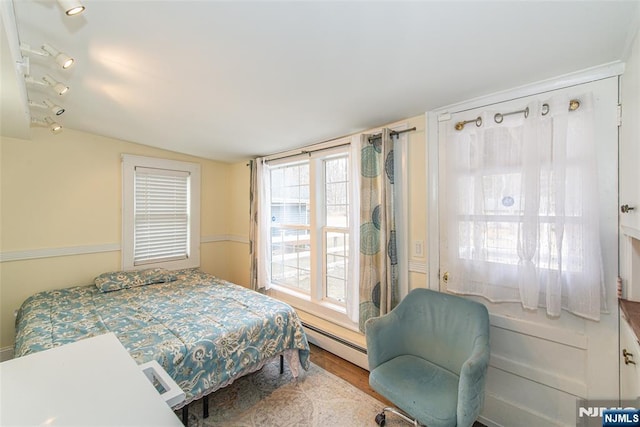 bedroom featuring lofted ceiling and baseboard heating