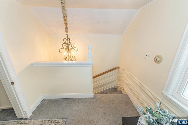 staircase featuring baseboards, crown molding, a chandelier, and carpet flooring