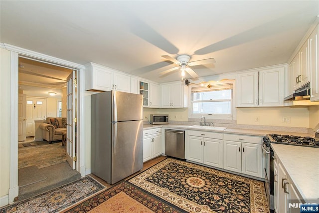 kitchen with under cabinet range hood, a sink, white cabinetry, light countertops, and appliances with stainless steel finishes