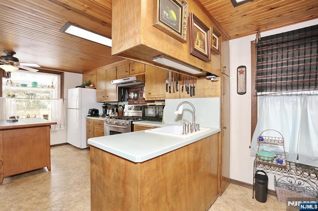 kitchen with wooden ceiling, high end stove, under cabinet range hood, black microwave, and a sink