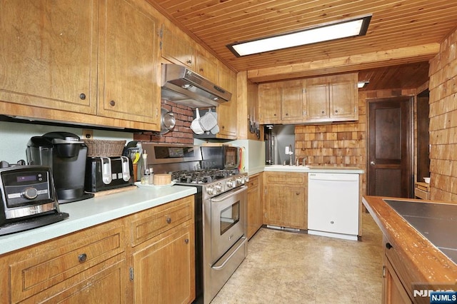 kitchen with light countertops, gas range, wooden ceiling, dishwasher, and under cabinet range hood