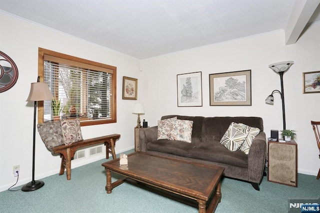 carpeted living area featuring baseboards and crown molding