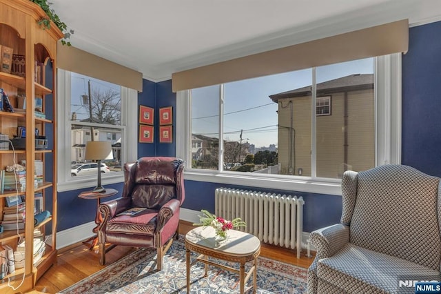 sitting room featuring radiator, baseboards, and wood finished floors