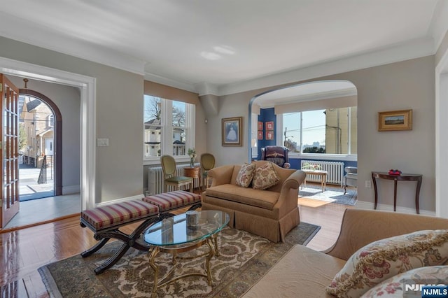 living area with crown molding, radiator, a healthy amount of sunlight, and arched walkways