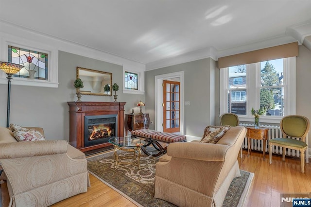 living room featuring light wood-style flooring, radiator, a glass covered fireplace, and crown molding