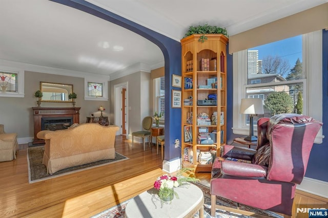 sitting room with ornamental molding, wood finished floors, arched walkways, a fireplace, and baseboards