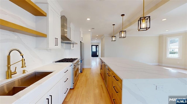 kitchen featuring tasteful backsplash, appliances with stainless steel finishes, light wood-style floors, a sink, and wall chimney exhaust hood