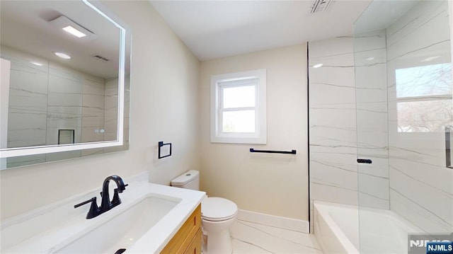 bathroom with toilet, visible vents, vanity, baseboards, and marble finish floor