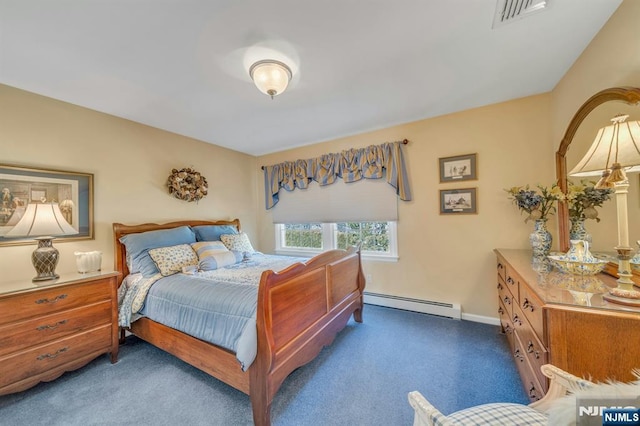 carpeted bedroom with baseboard heating, baseboards, and visible vents