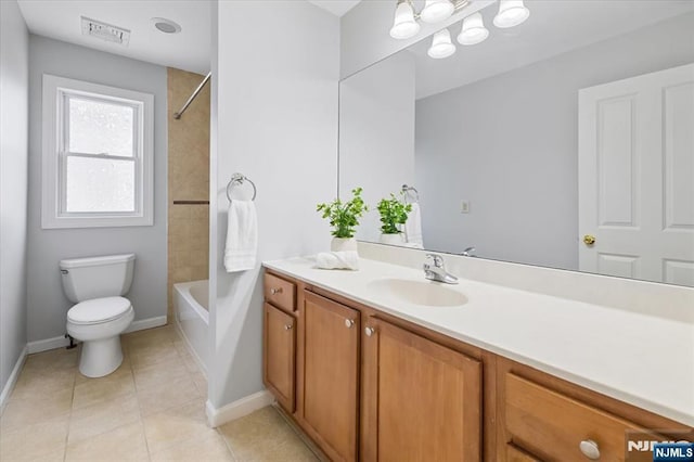 bathroom with shower / bath combination, visible vents, toilet, tile patterned flooring, and vanity