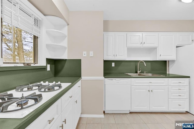 kitchen featuring white appliances, white cabinetry, a sink, and open shelves