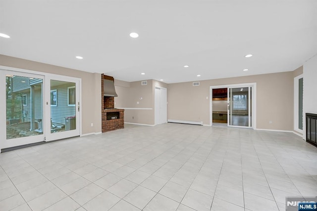 unfurnished living room featuring recessed lighting, visible vents, a fireplace, and baseboards