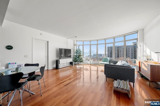 living area with light wood-type flooring and expansive windows