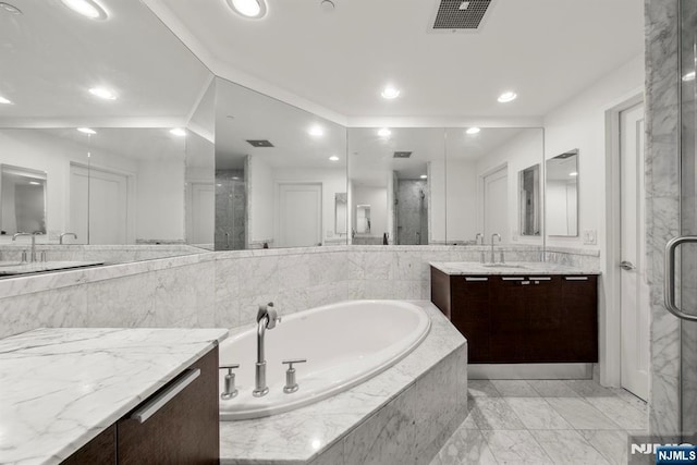 bathroom with recessed lighting, visible vents, a shower stall, and a garden tub