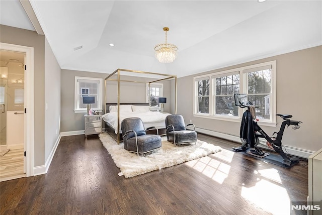 bedroom with visible vents, baseboards, dark wood-style floors, an inviting chandelier, and recessed lighting