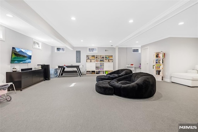 living area with carpet, electric panel, crown molding, and recessed lighting