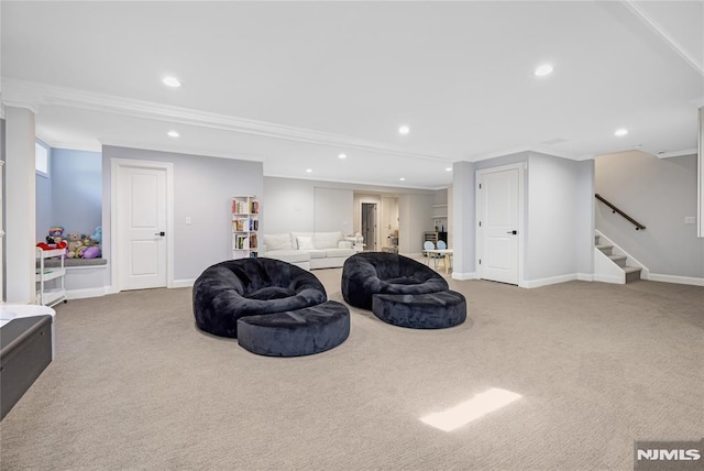 sitting room with stairway, carpet, and recessed lighting