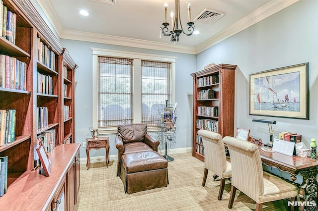 office area featuring a chandelier, light colored carpet, visible vents, baseboards, and crown molding