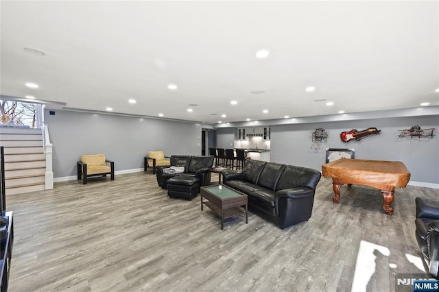 living room featuring stairs, pool table, light wood-style flooring, and recessed lighting