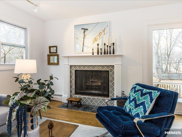 living area featuring track lighting, wood finished floors, a wealth of natural light, and a tile fireplace