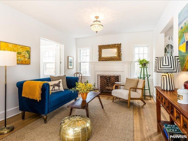 sitting room with a fireplace, wood finished floors, and baseboards