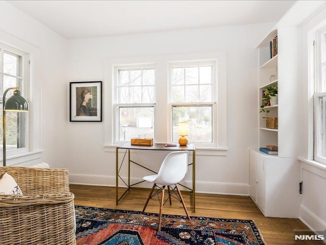 office space featuring wood finished floors, a wealth of natural light, and baseboards