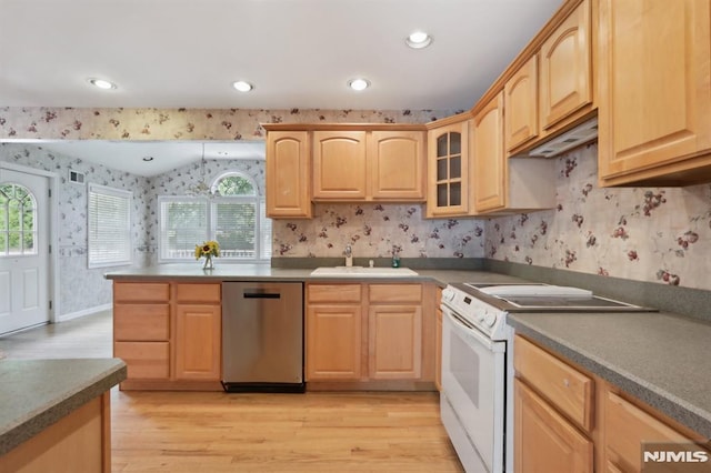 kitchen with wallpapered walls, light brown cabinetry, stainless steel dishwasher, electric range, and a sink