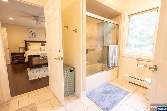 full bath featuring ensuite bath, tile patterned floors, toilet, and a baseboard radiator