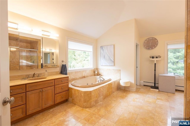 full bathroom with a baseboard heating unit, vaulted ceiling, a stall shower, a bath, and vanity