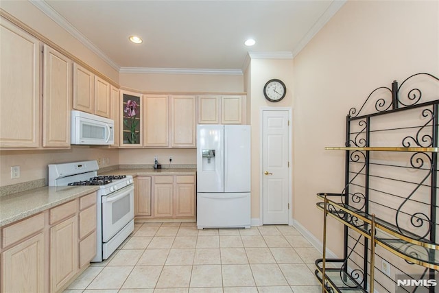 kitchen featuring white appliances, light tile patterned floors, ornamental molding, light brown cabinetry, and glass insert cabinets