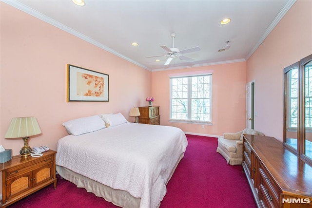 bedroom with crown molding, multiple windows, recessed lighting, and carpet floors