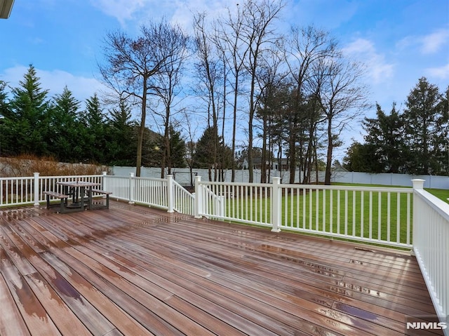 wooden deck with a lawn and a fenced backyard